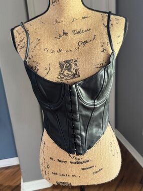 White Fox Black Faux Leather Corset Bustier Crop Top Large